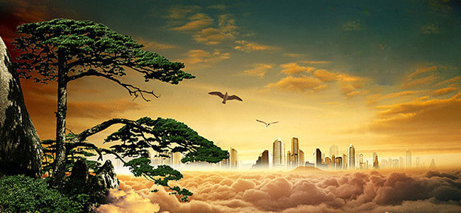 有城市有黃山迎客松有飛鳥，可用于體現(xiàn)自存高遠(yuǎn)的企業(yè)文化。