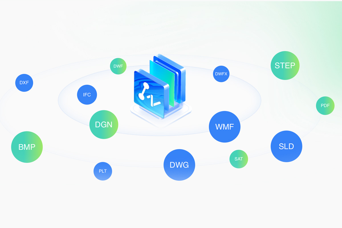 兼容DWG、DXF、BMP、IFC、DWF、DGN、PLT、DWFX、WMF、SAT、SLD、STEP、PDF等常用格式